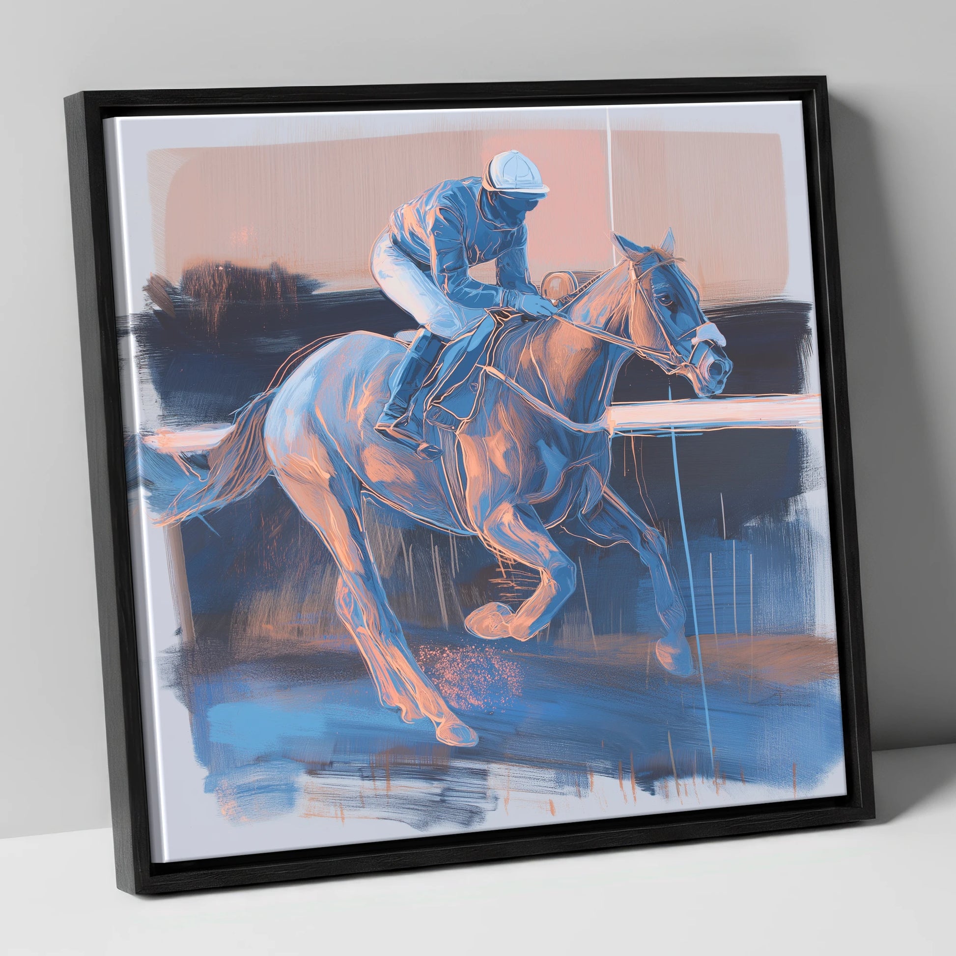 Cobalt Stride racing horse canvas wall art in black frame