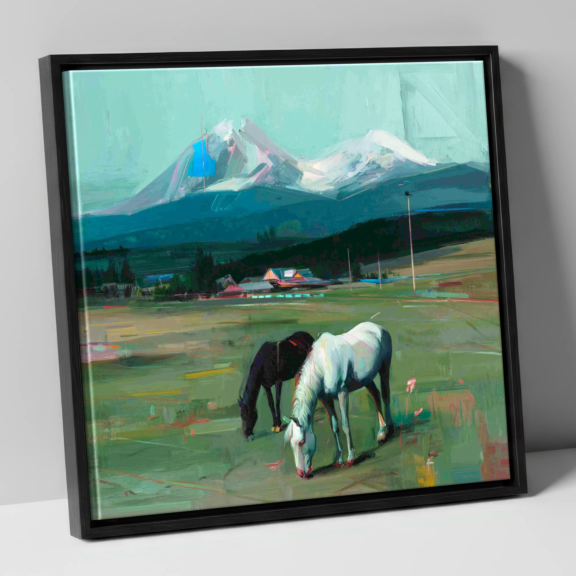 Companions Beneath the Peak horse landscape canvas wall art in black frame