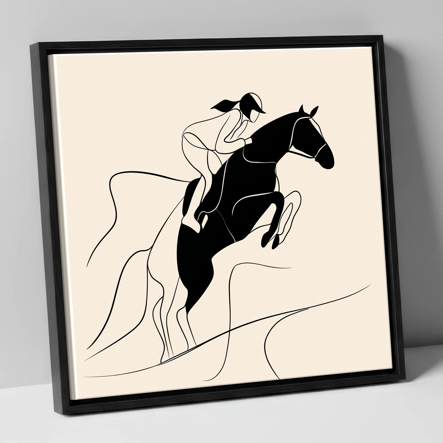 Fluid Ascent show jumping horse canvas wall art in black frame