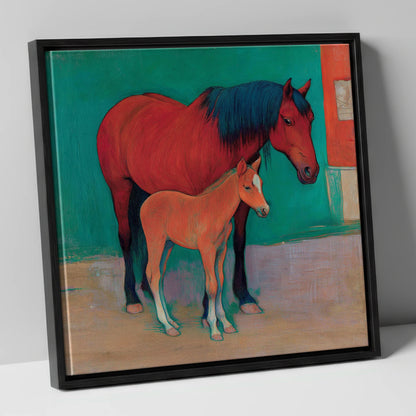 Crimson Mare and Foal mare & foal canvas wall art in black frame