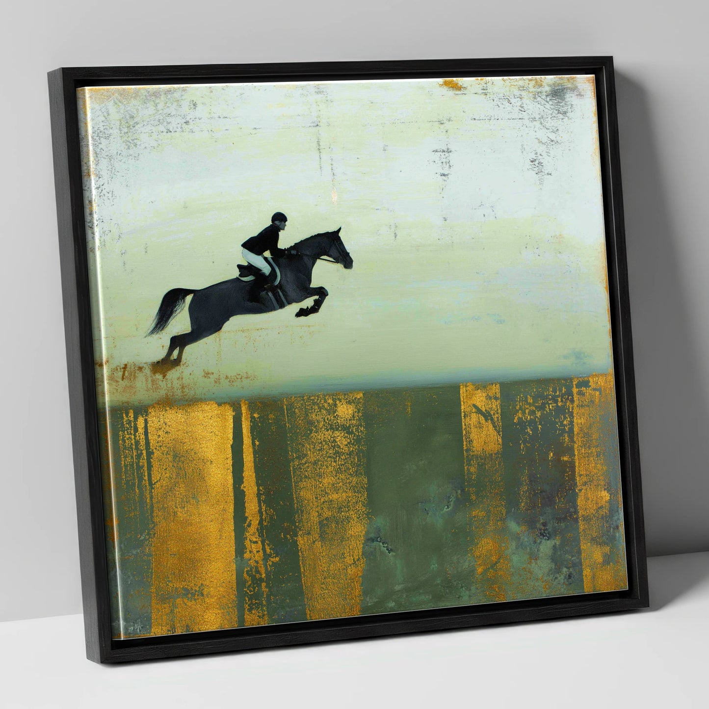 Gilded Flight show jumping horse canvas wall art in black frame