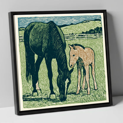 Rustic Pasture Companions mare & foal canvas wall art in black frame