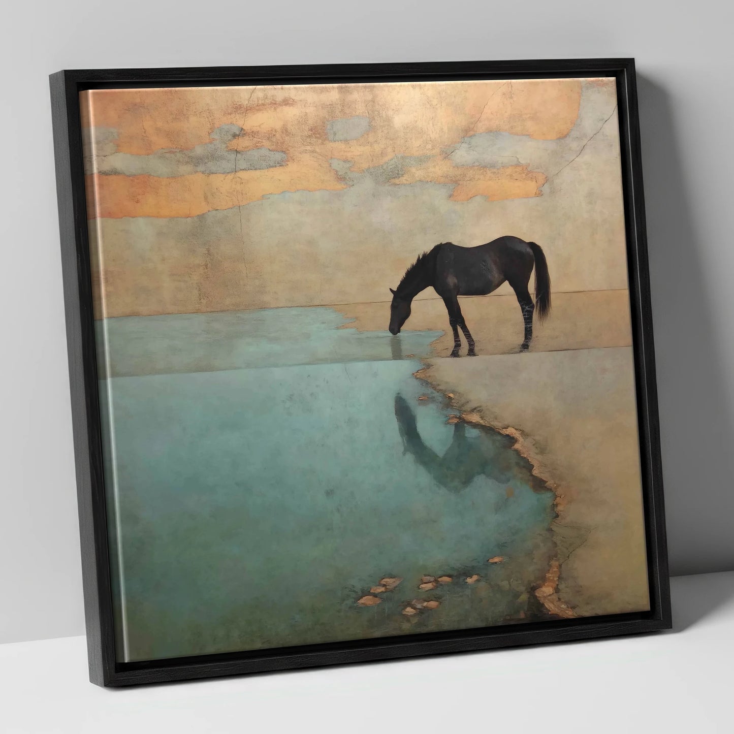Golden Shores Reflection horse landscape canvas wall art in black frame