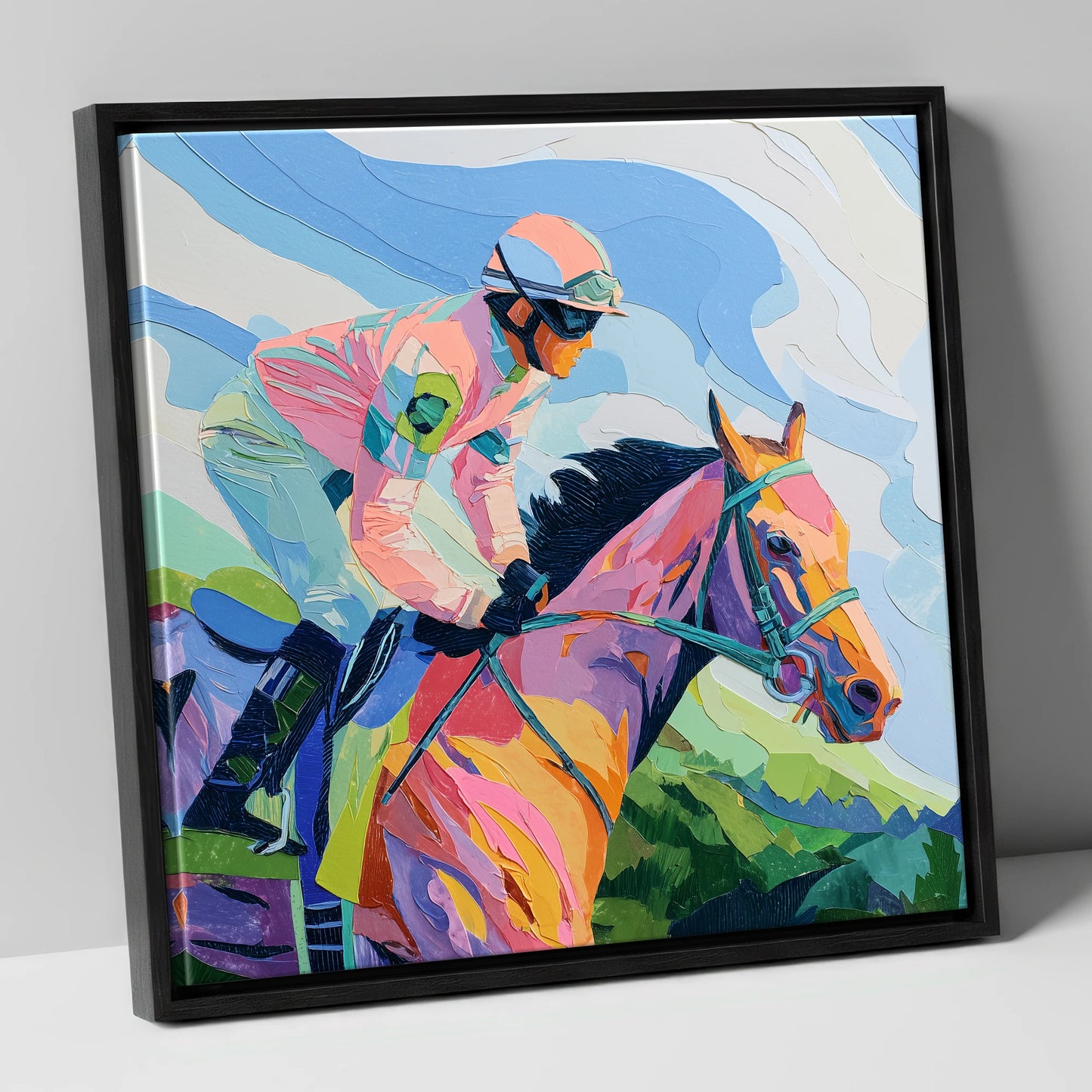 Technicolour Gallop racing horse canvas wall art in black frame