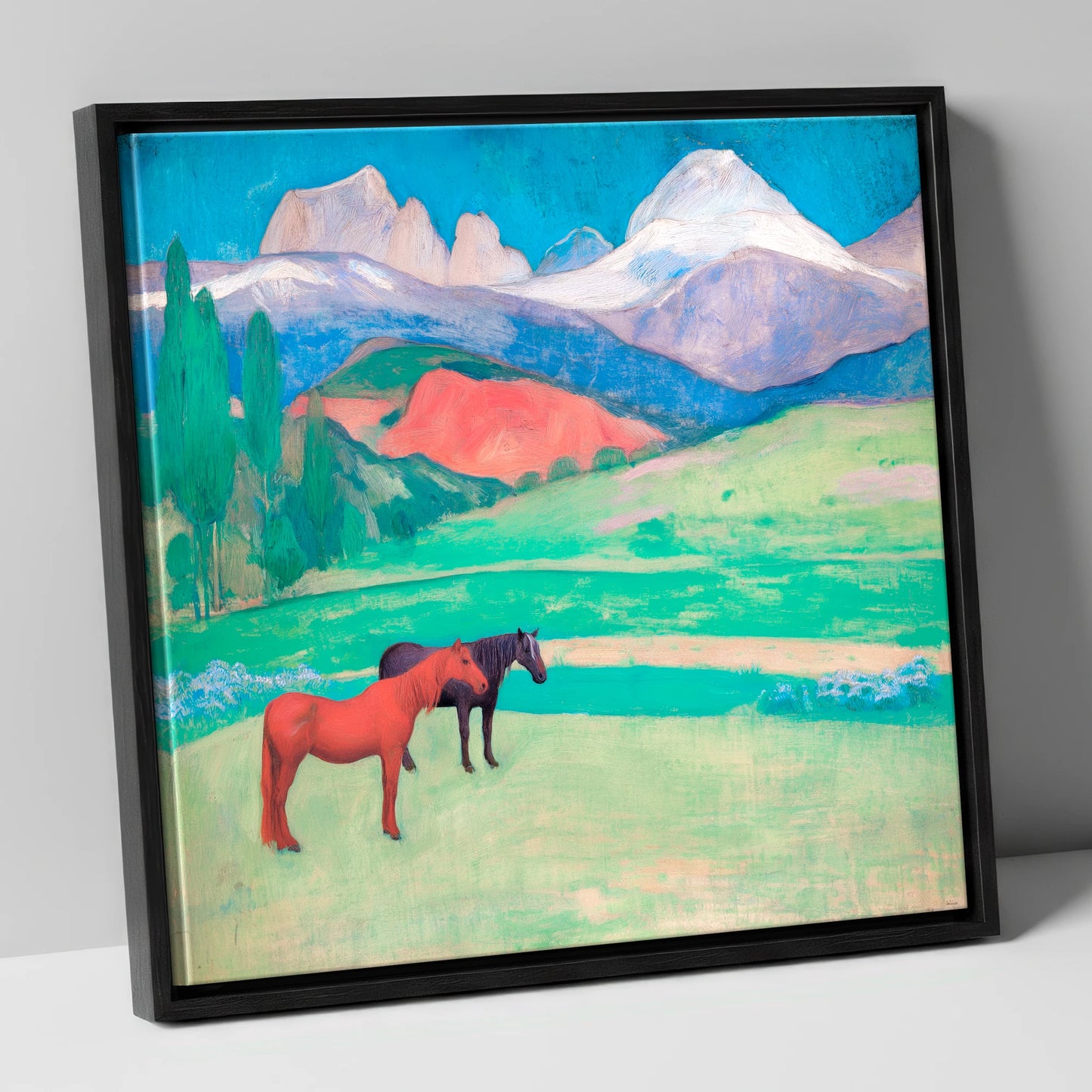 Crimson Mountain Companions horse landscape canvas wall art in black frame