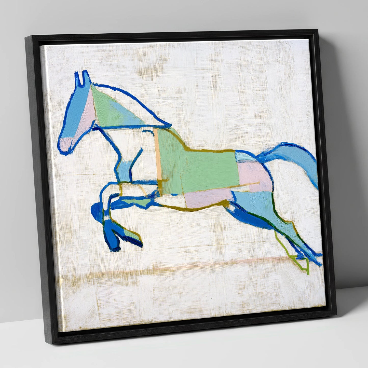 Geometric Azure Leap show jumping horse canvas wall art in black frame