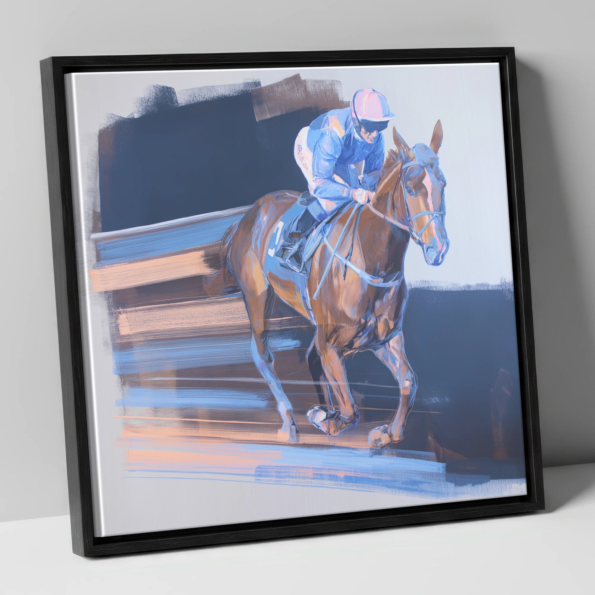 Velocity in Blue racing horse canvas wall art in black frame