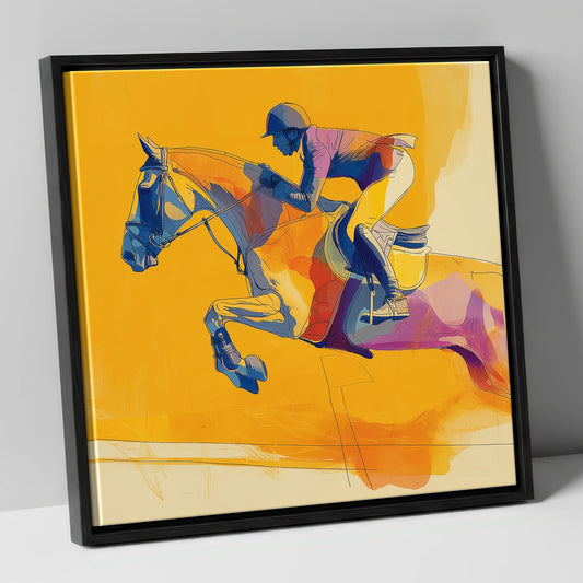 Vivid Golden Flight show jumping horse canvas wall art in black frame