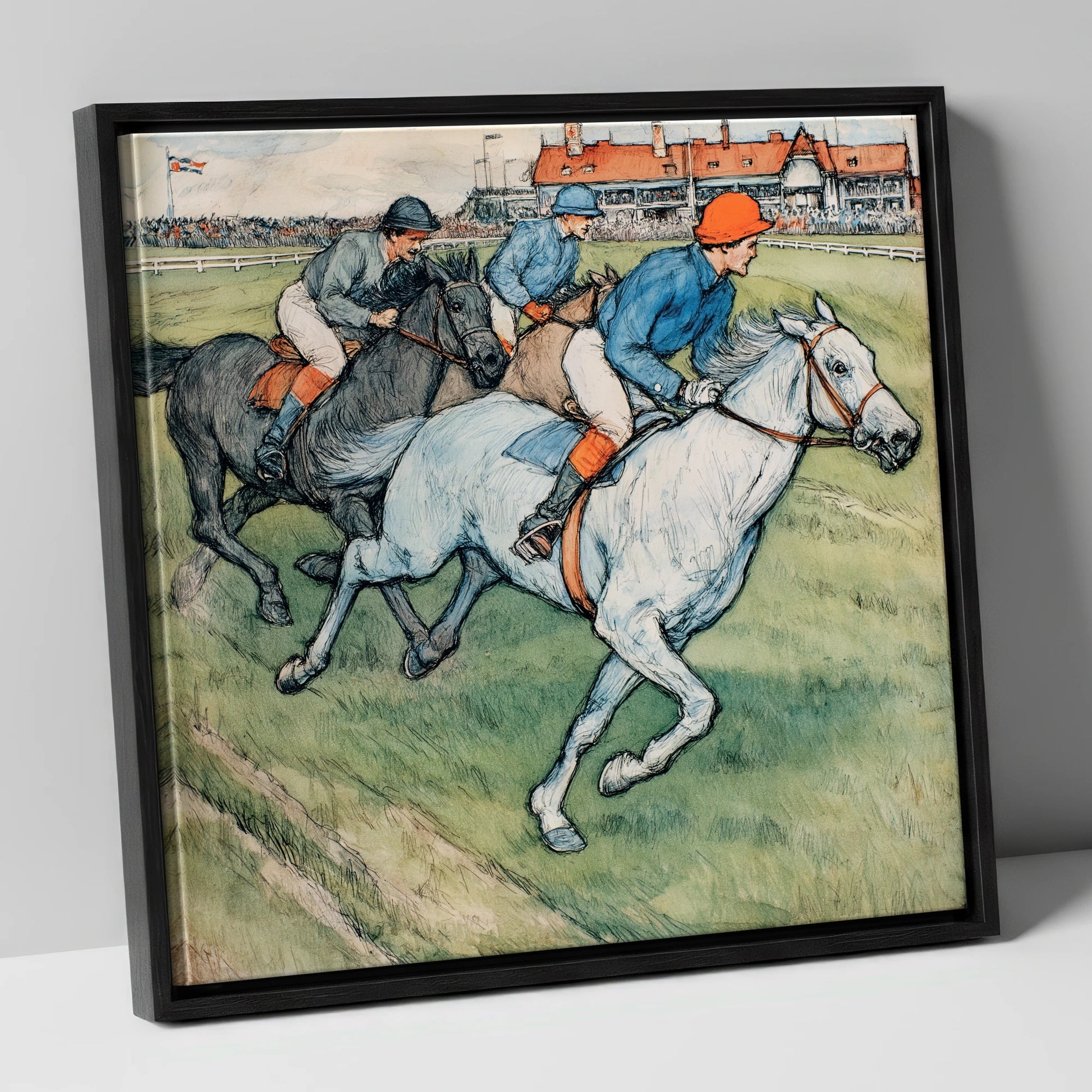 The Final Furlong racing horse canvas wall art in black frame