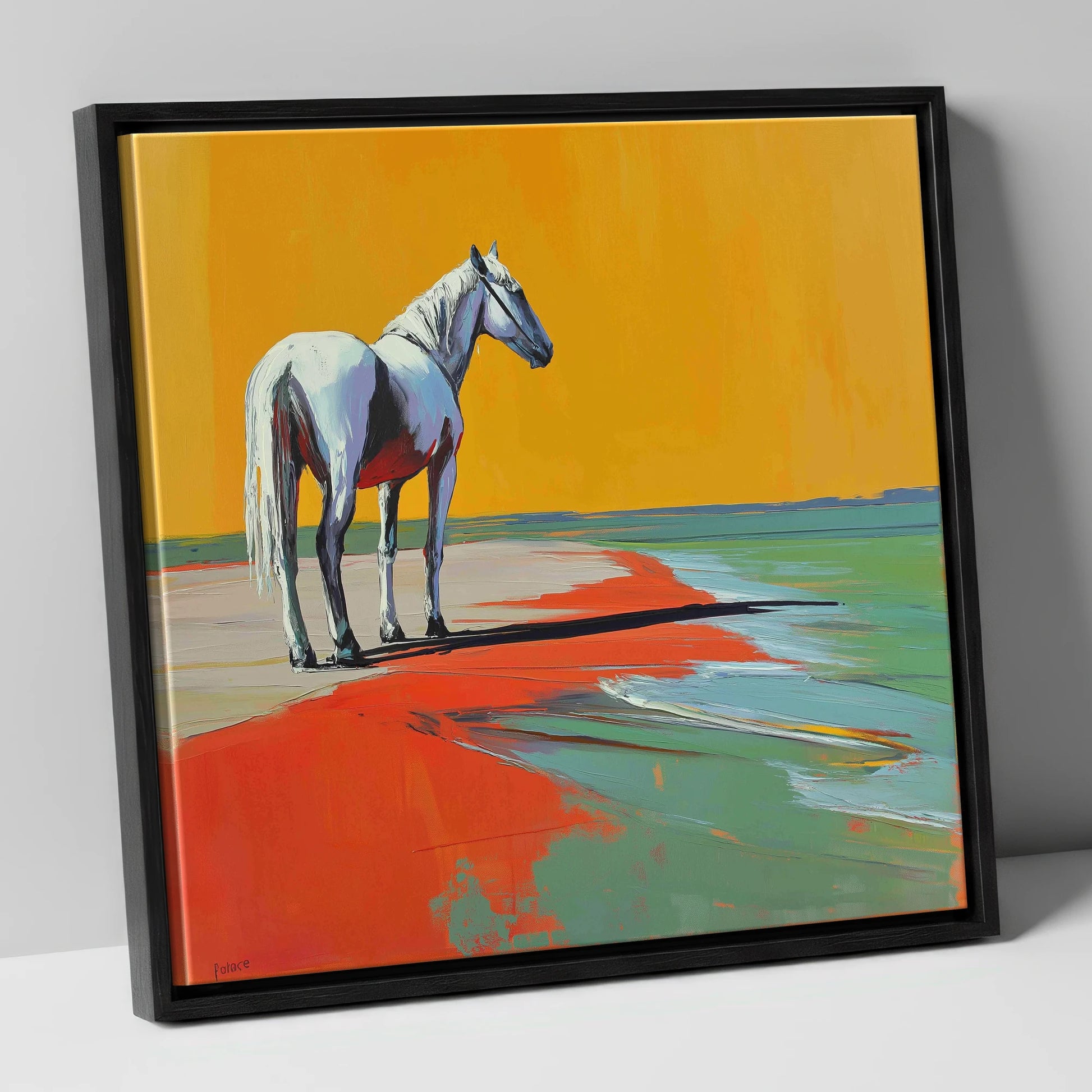 Amber Horizon horse landscape canvas wall art in black frame