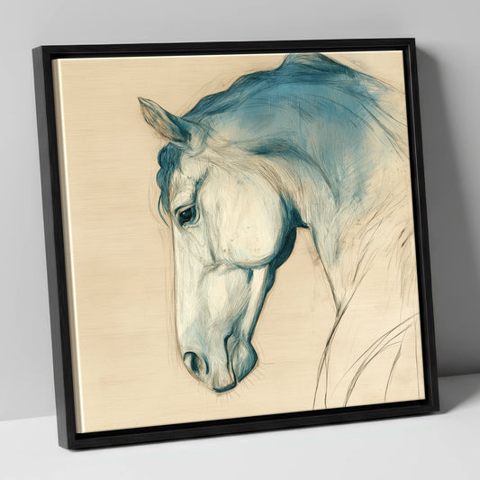 Teal Wash Equine Profile horse portrait canvas wall art in black frame