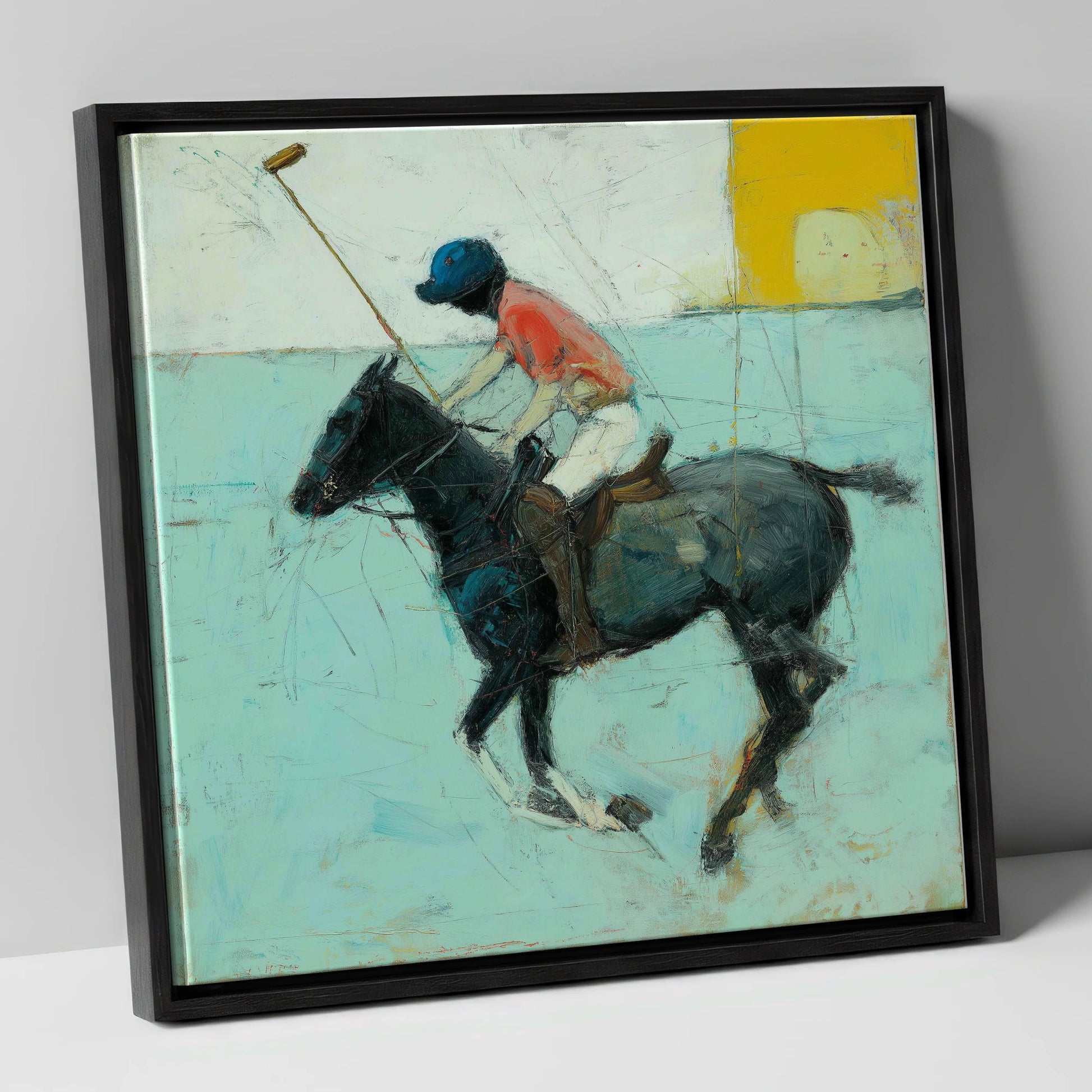 The Forward Swing polo horse canvas wall art in black frame