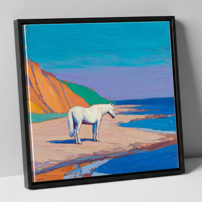 Vibrant Coastal Solitude horse landscape canvas wall art in black frame