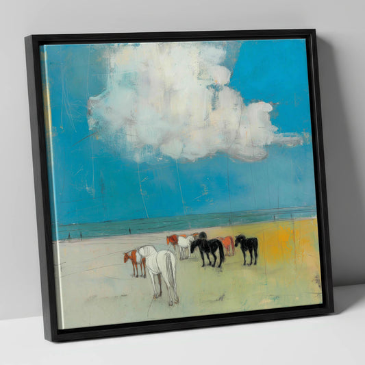 Turquoise Horizon Herd horse landscape canvas wall art in black frame