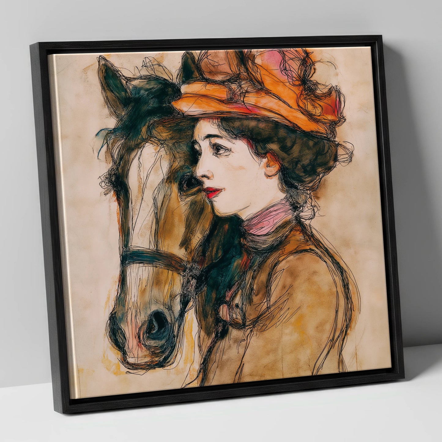 A Shared Silence horse & rider canvas wall art in black frame
