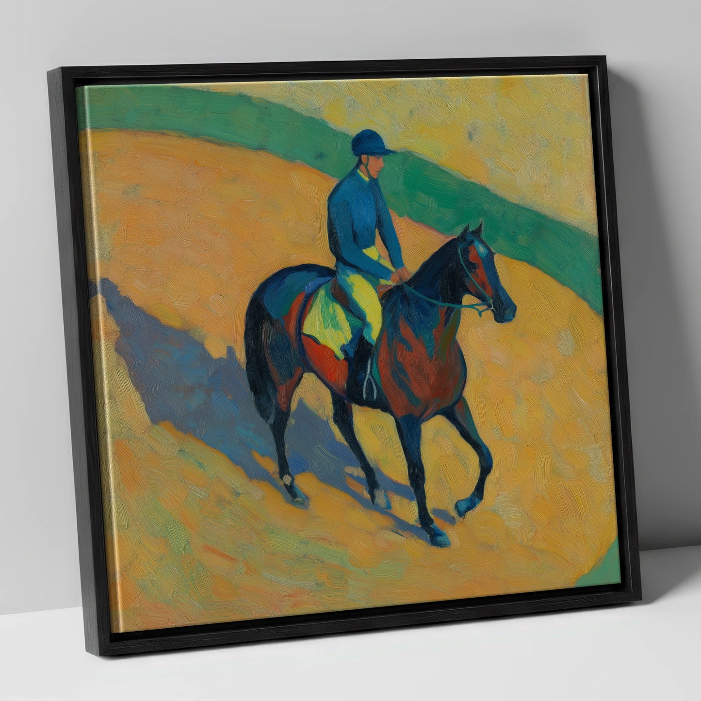 Shadows on the Golden Track racing horse canvas wall art in black frame