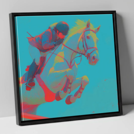Vivid Airtime show jumping horse canvas wall art in black frame
