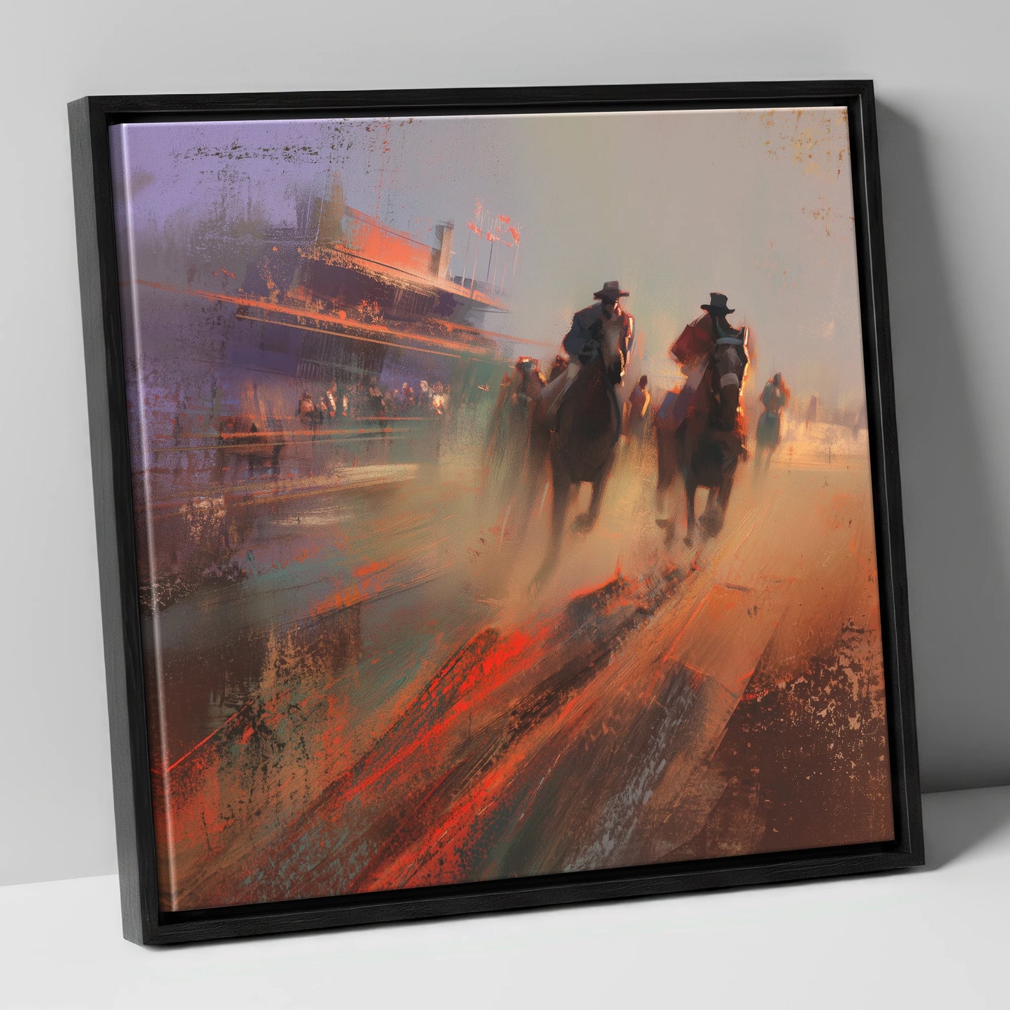 Thunder on the Track racing horse canvas wall art in black frame