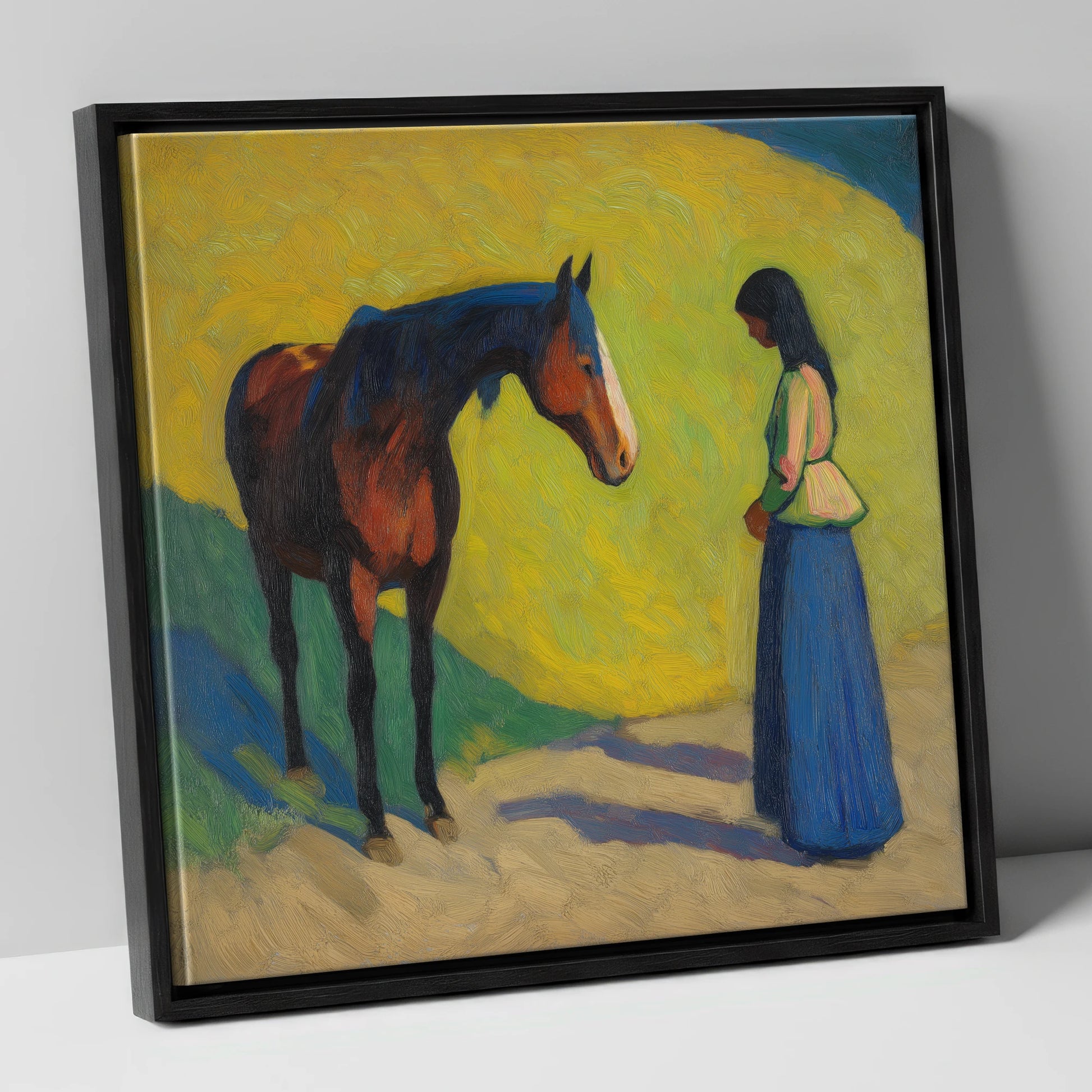 Vibrant Connection horse & rider canvas wall art in black frame