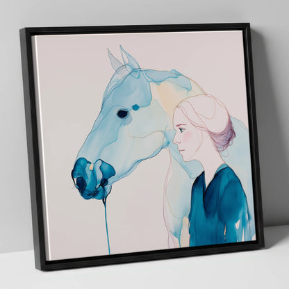 Cerulean Soulmates horse & rider canvas wall art in black frame