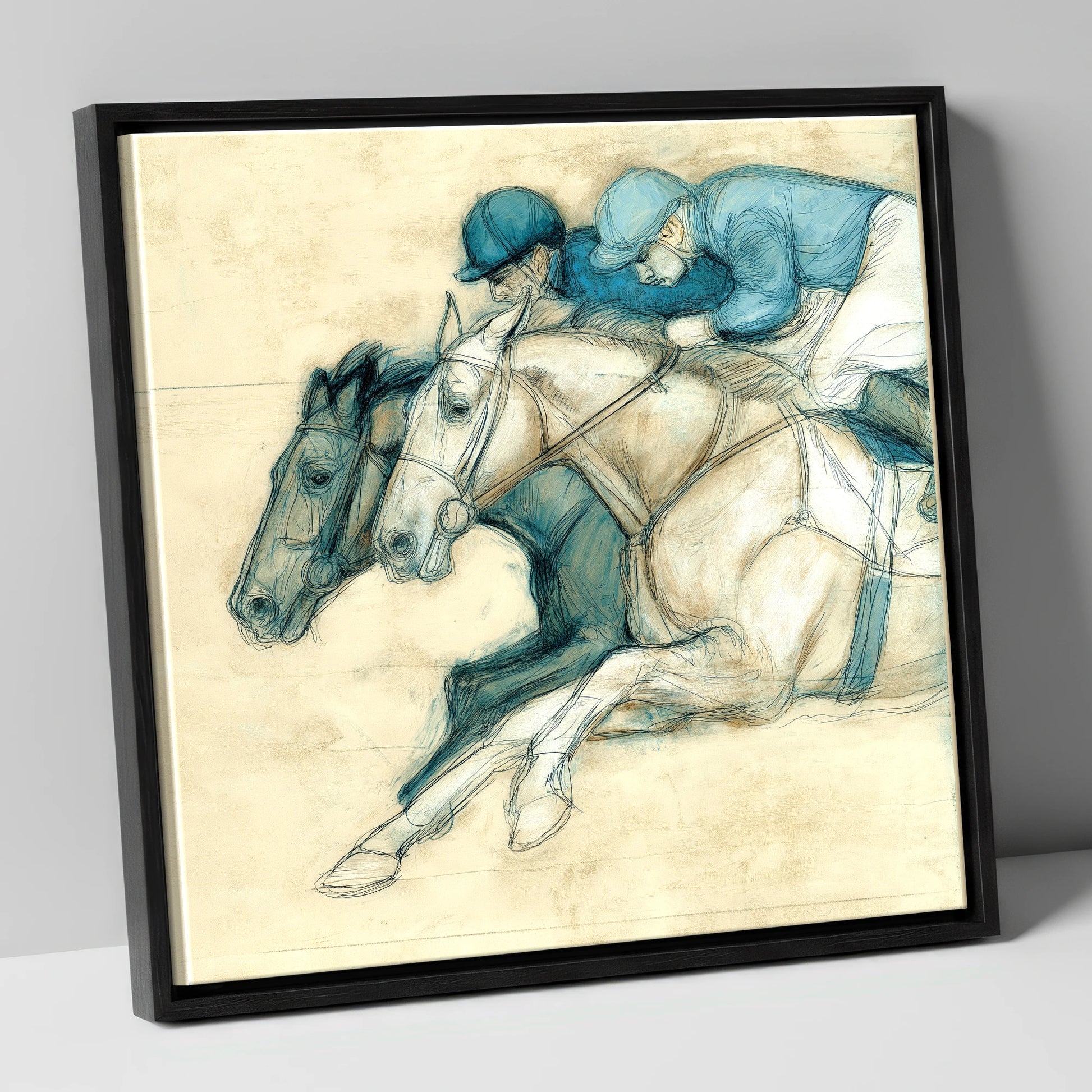 Neck and Neck racing horse canvas wall art in black frame