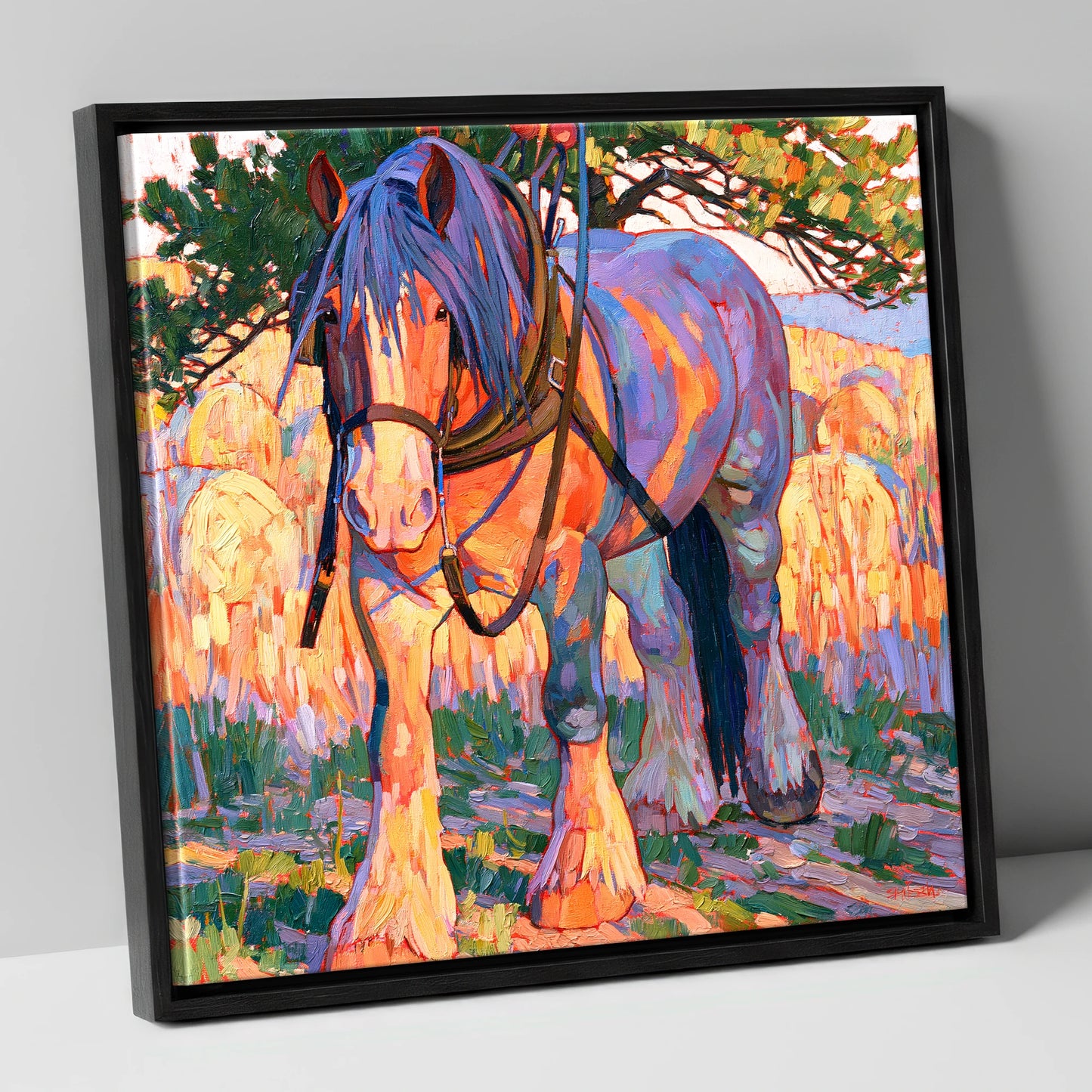Colourful Heavy Horse In Harness horse breed canvas wall art in black frame
