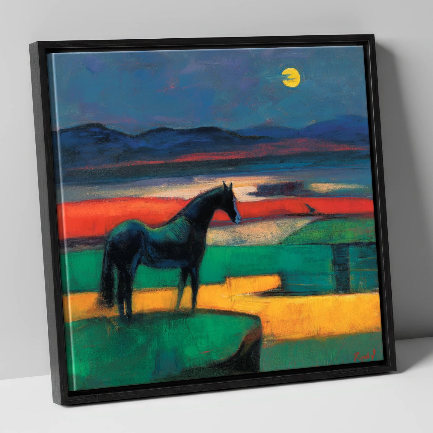 Midnight Solitude horse landscape canvas wall art in black frame