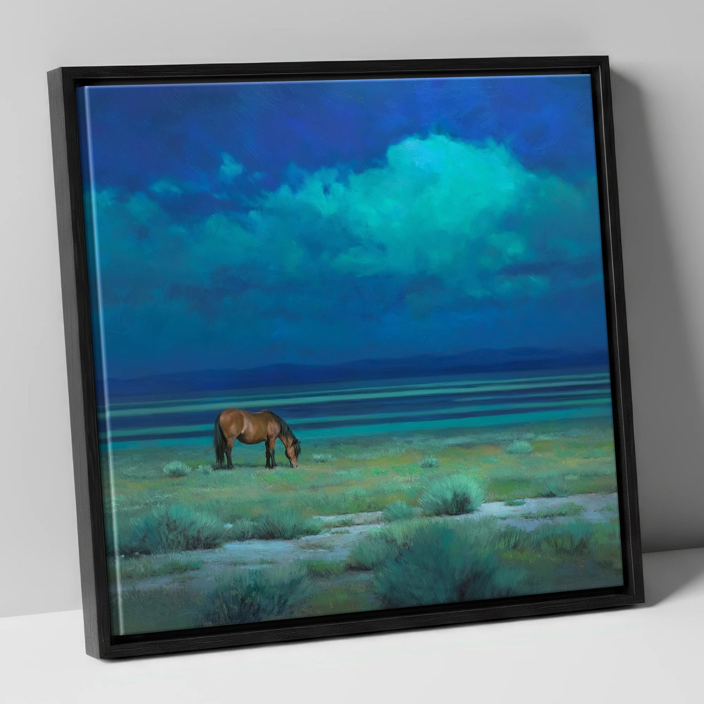 Midnight Solitude horse landscape canvas wall art in black frame