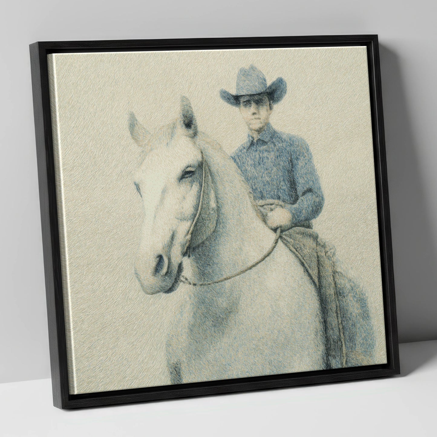Slate Blue Stockman western horse canvas wall art in black frame
