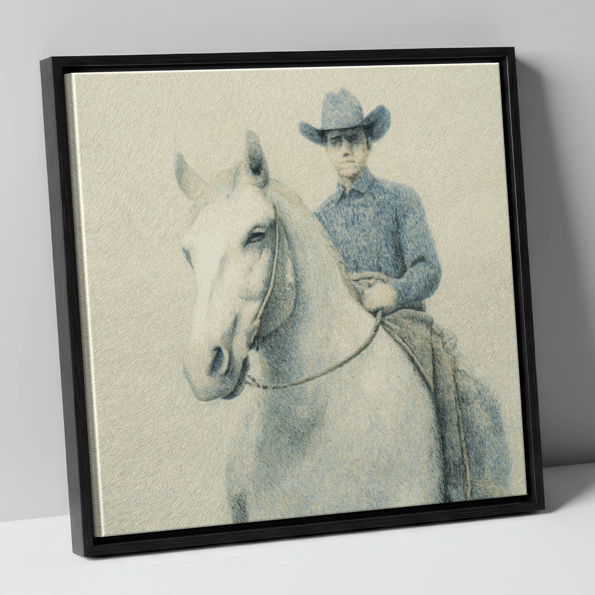 Slate Blue Stockman western horse canvas wall art in black frame