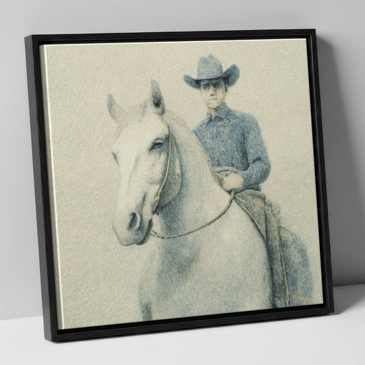 Slate Blue Stockman western horse canvas wall art in black frame