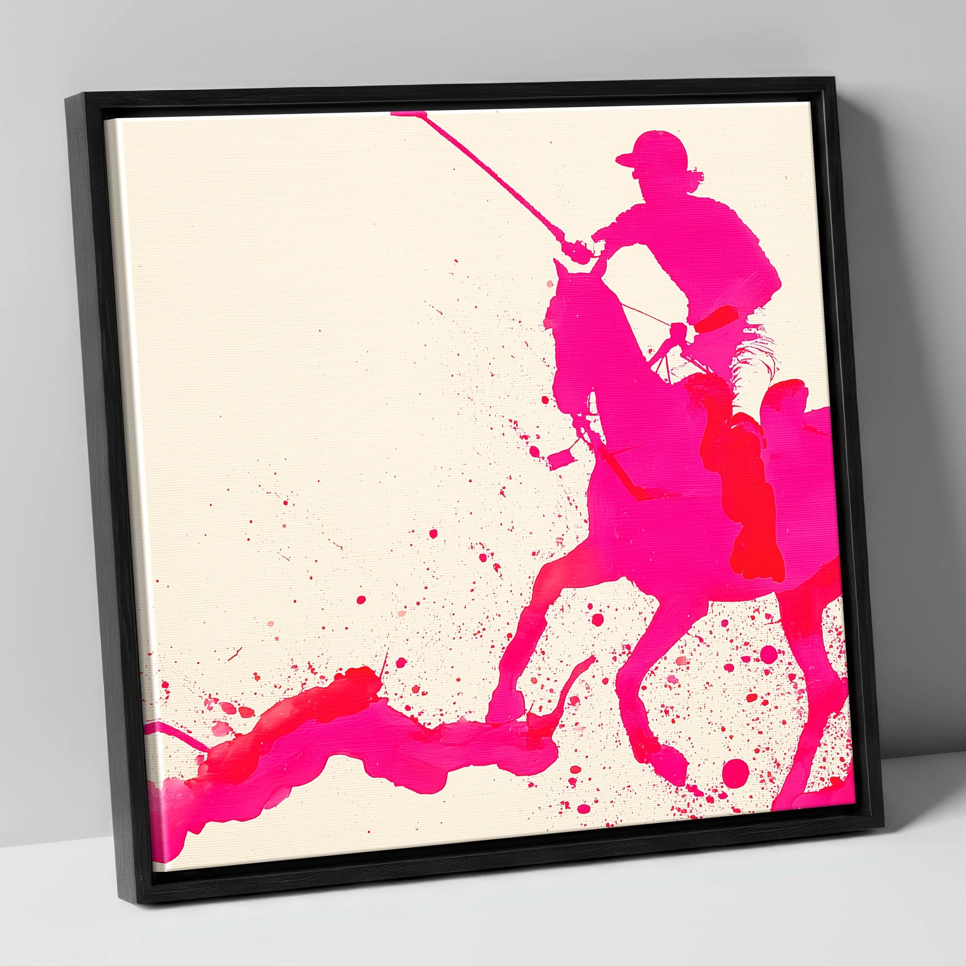 Vibrant Polo Strike polo horse canvas wall art in black frame
