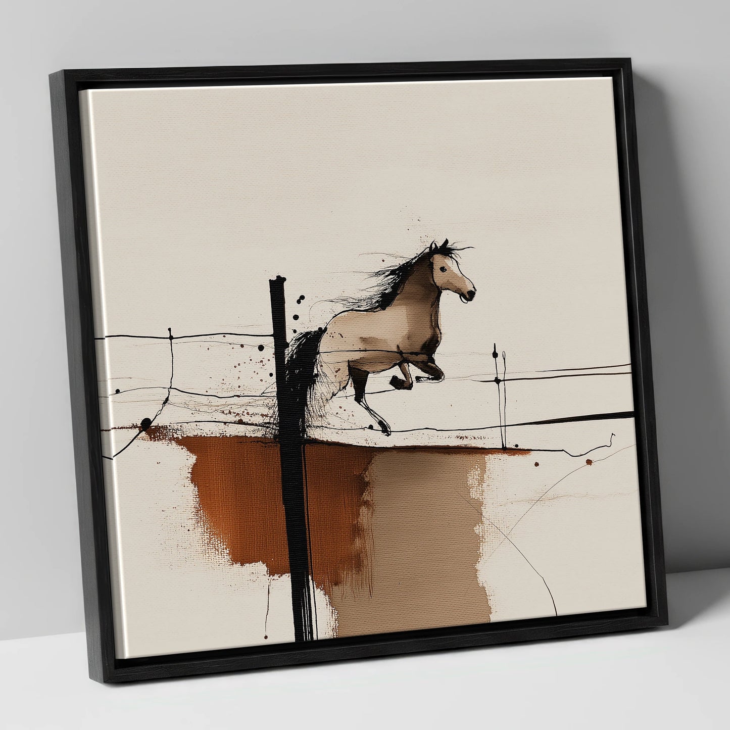 Clearing the Boundary show jumping horse canvas wall art in black frame