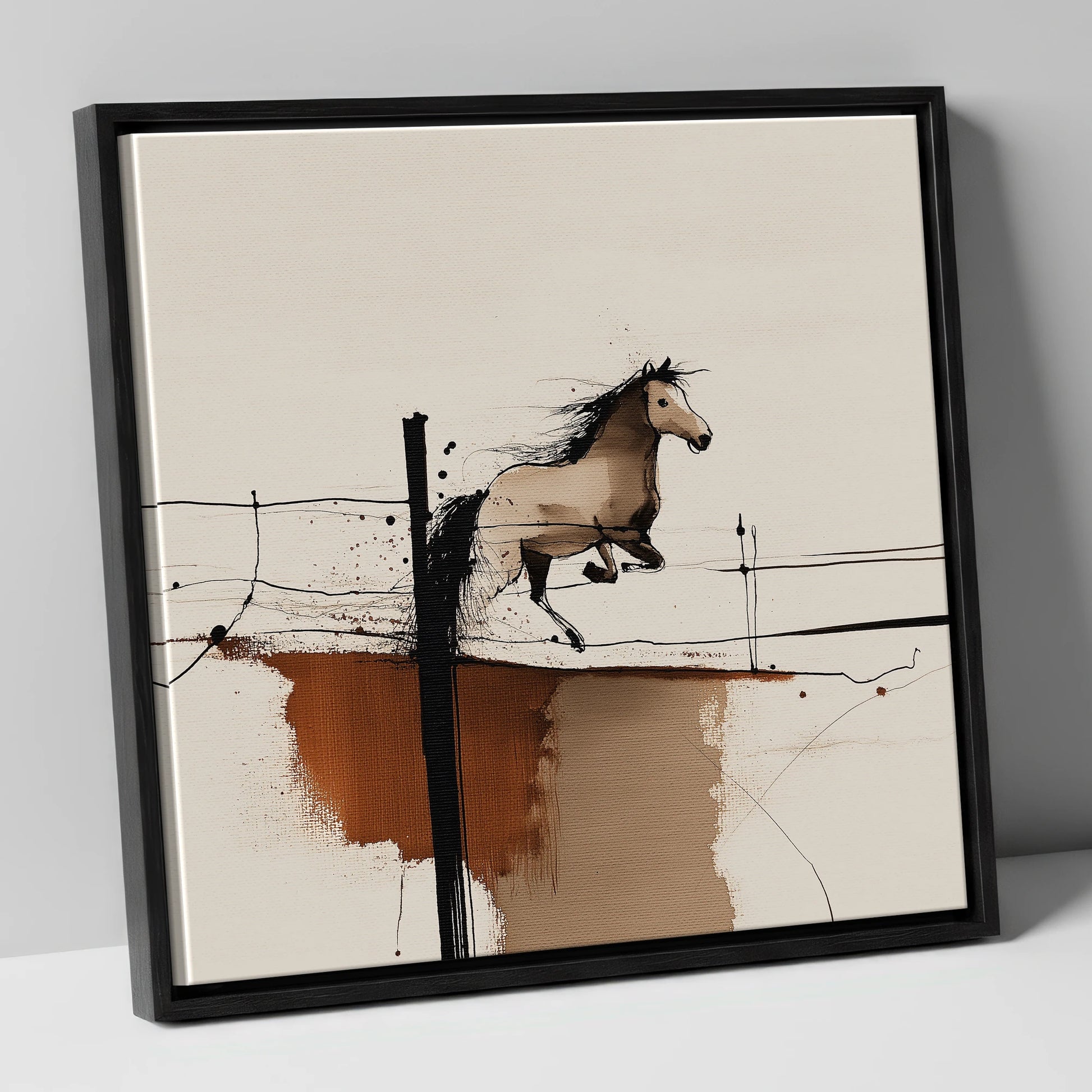 Clearing the Boundary show jumping horse canvas wall art in black frame