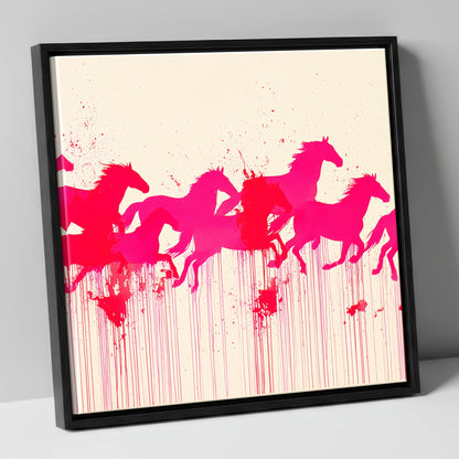 Vivid Magenta Herd wild horses canvas wall art in black frame