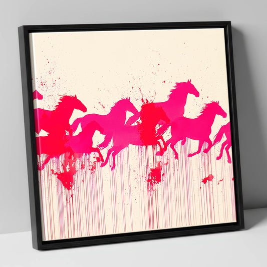 Vivid Magenta Herd wild horses canvas wall art in black frame