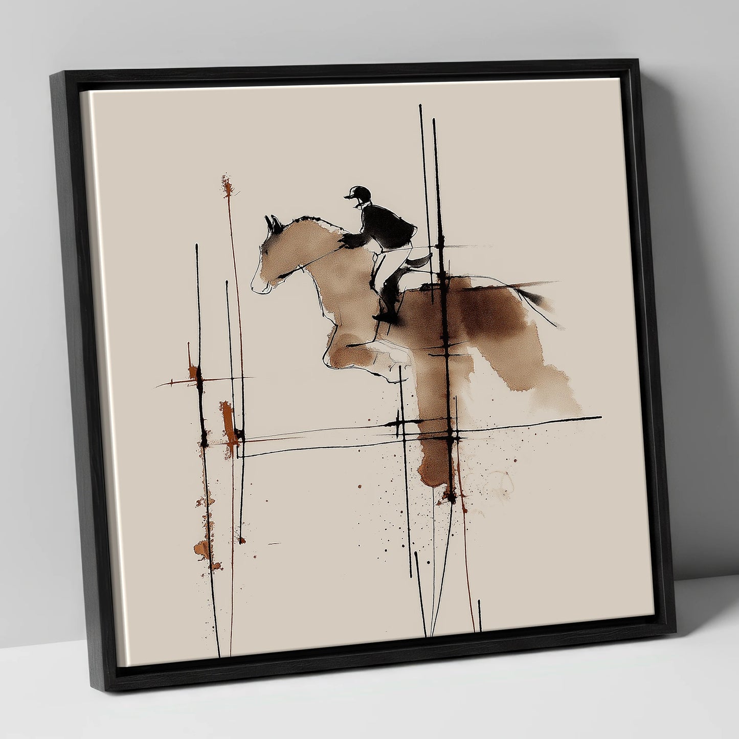 The Instant of Ascent show jumping horse canvas wall art in black frame