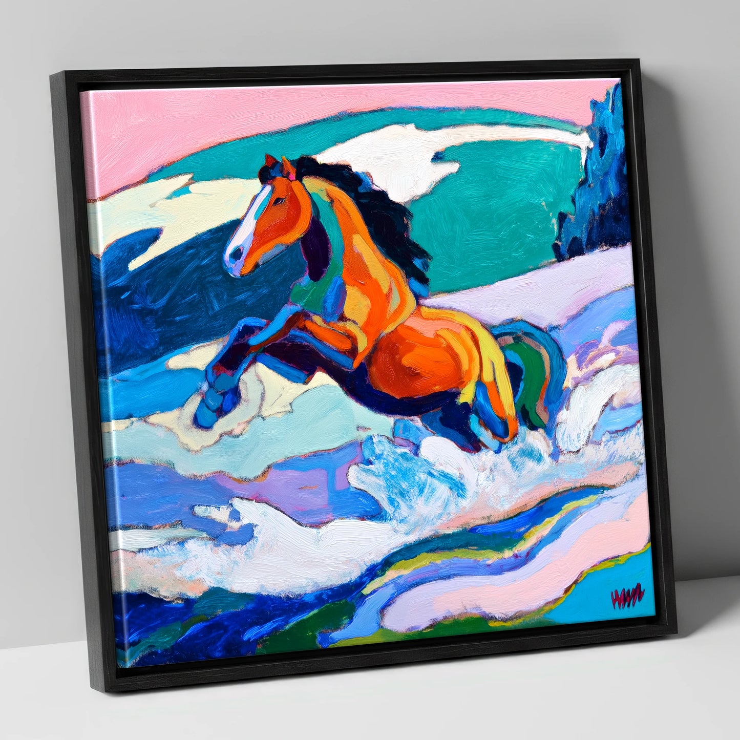 Vivid Coastal Leap beach horse canvas wall art in black frame