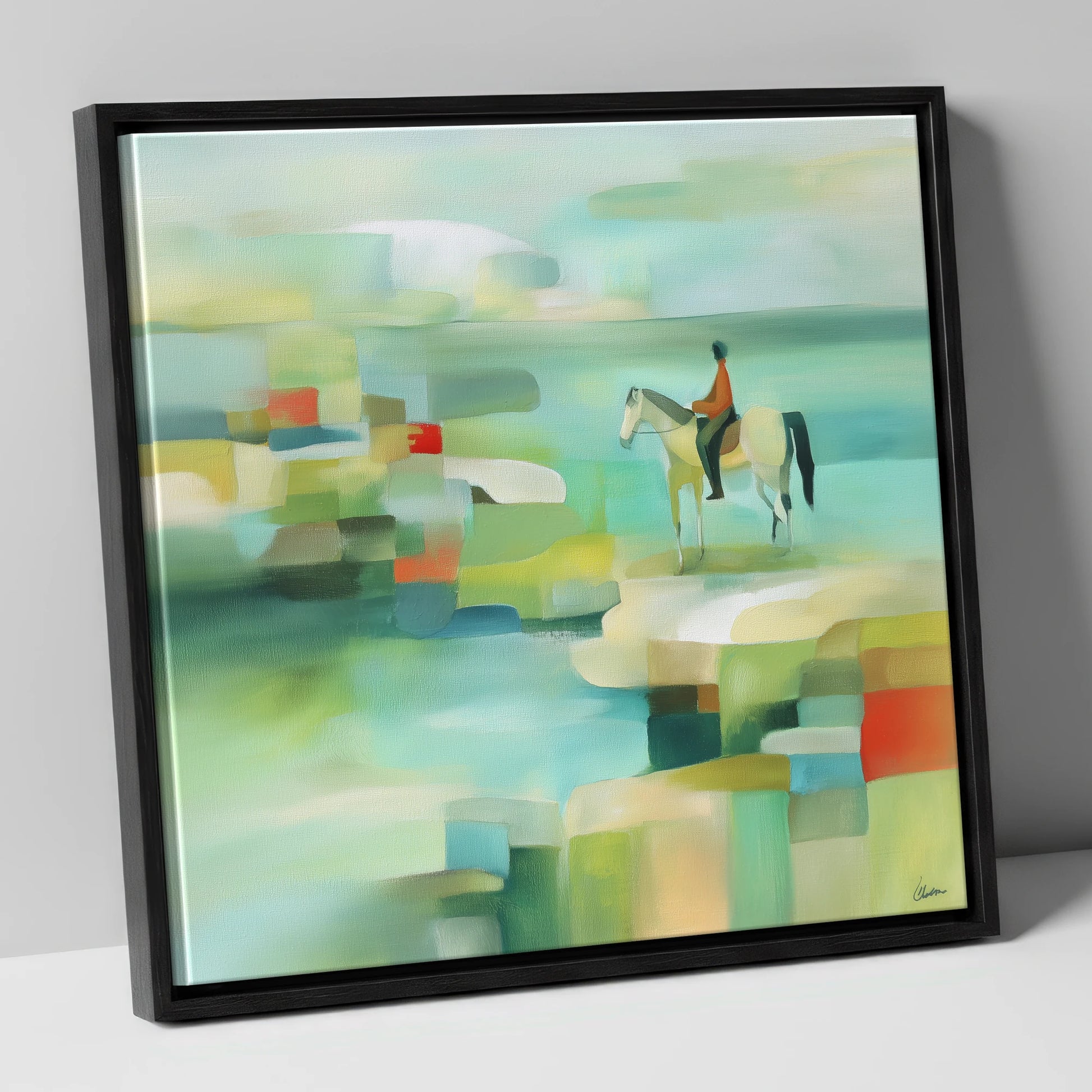 Geometric Shoreline Rider beach horse canvas wall art in black frame