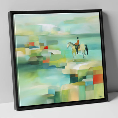 Geometric Shoreline Rider beach horse canvas wall art in black frame