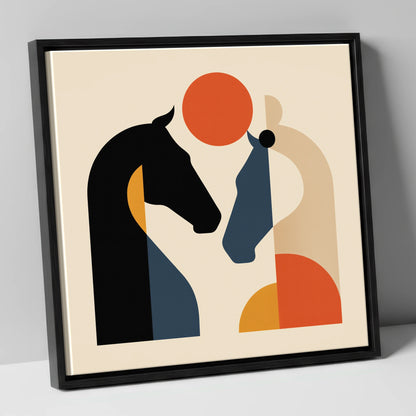 Mid-Century Equine Duo horse portrait canvas wall art in black frame