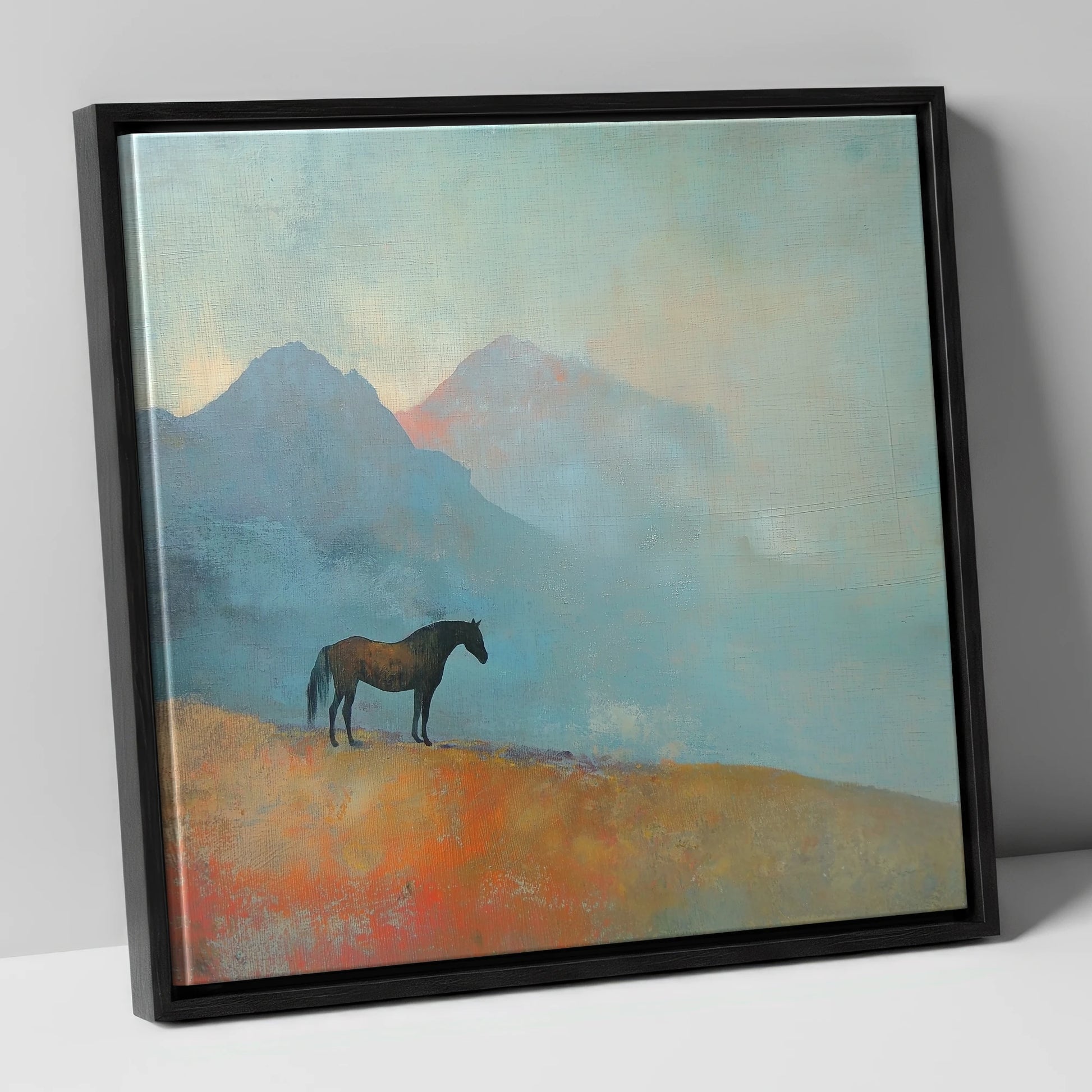 Highland Solitude horse landscape canvas wall art in black frame