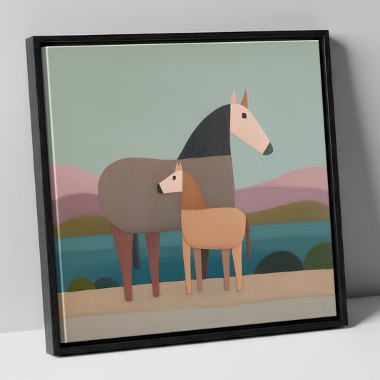 Stylised Equine Harmony mare & foal canvas wall art in black frame