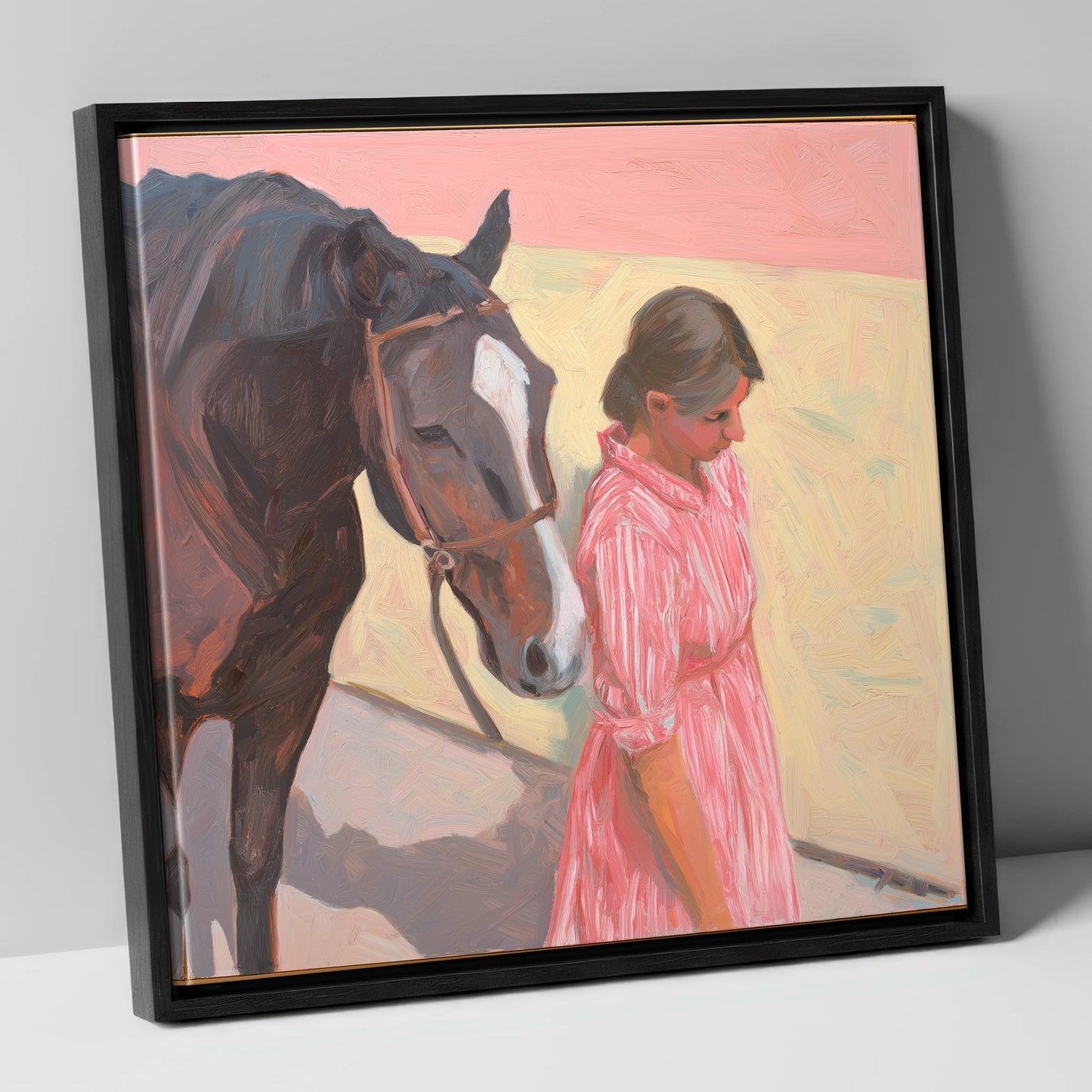 Walking in Step horse & rider canvas wall art in black frame