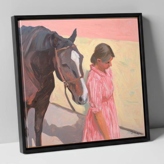 Walking in Step horse & rider canvas wall art in black frame