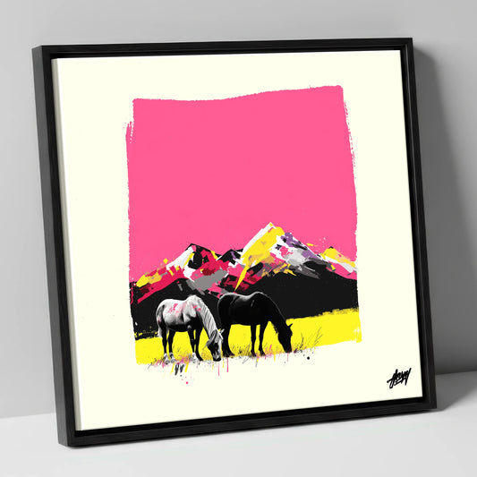 Vibrant Mountain Pastures horse landscape canvas wall art in black frame