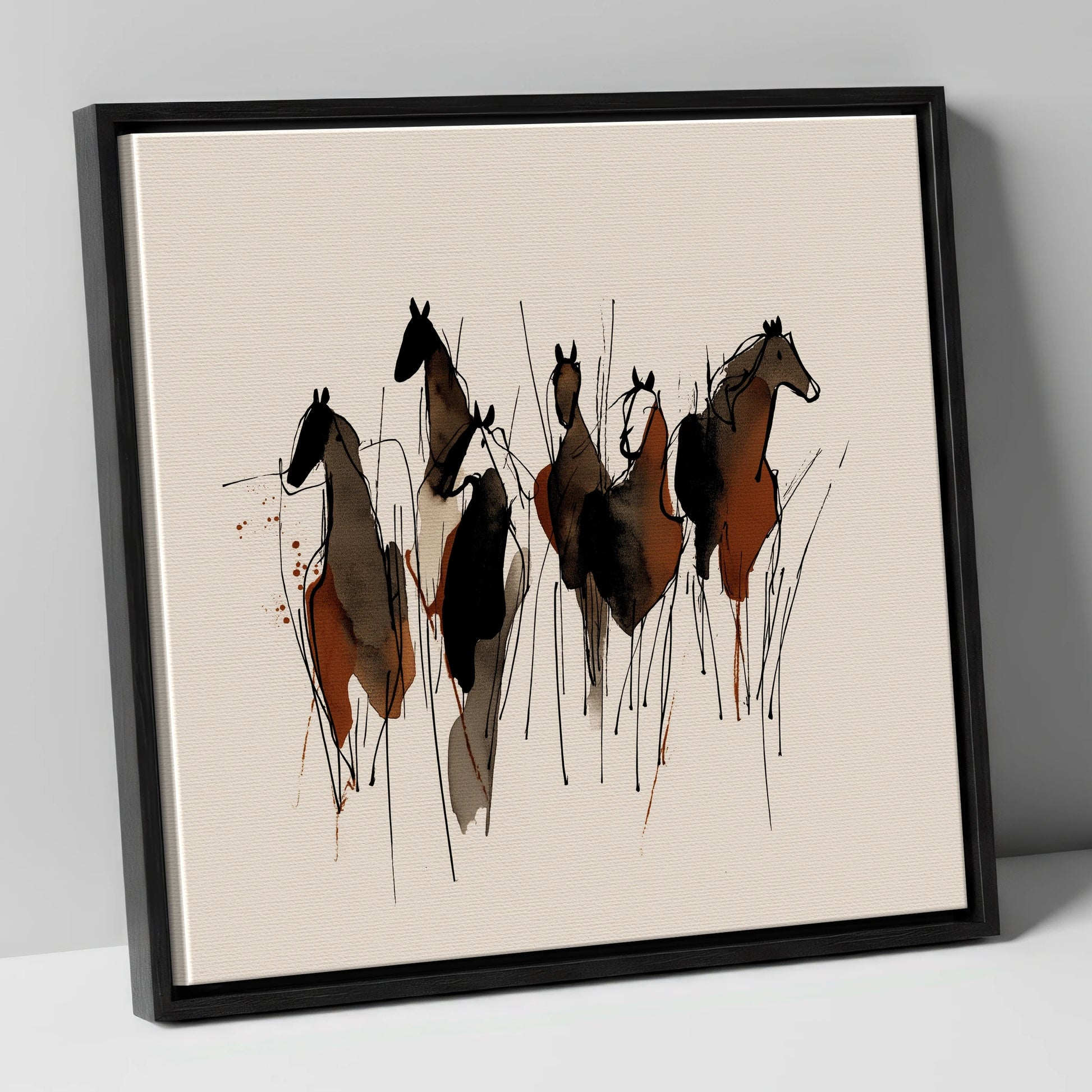 Earthy Herd Silhouettes wild horses canvas wall art in black frame