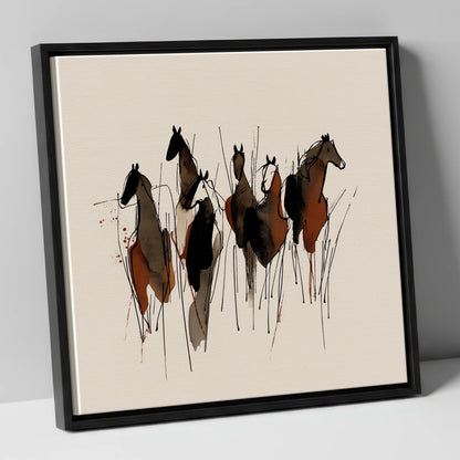 Earthy Herd Silhouettes wild horses canvas wall art in black frame