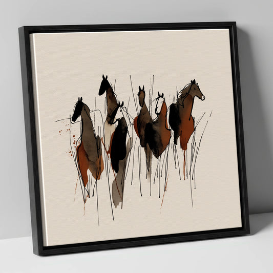 Earthy Herd Silhouettes wild horses canvas wall art in black frame