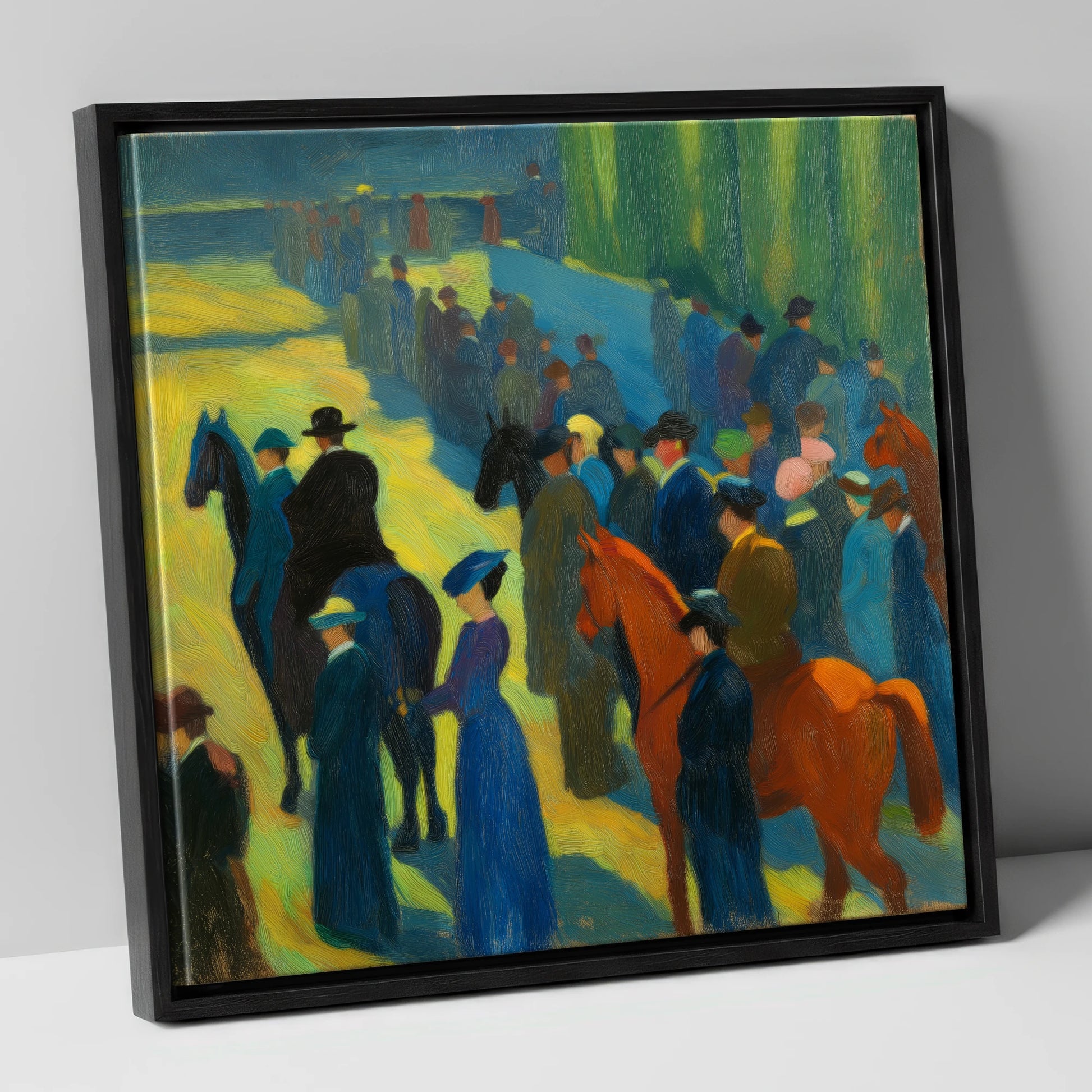 Paddock Gathering racing horse canvas wall art in black frame
